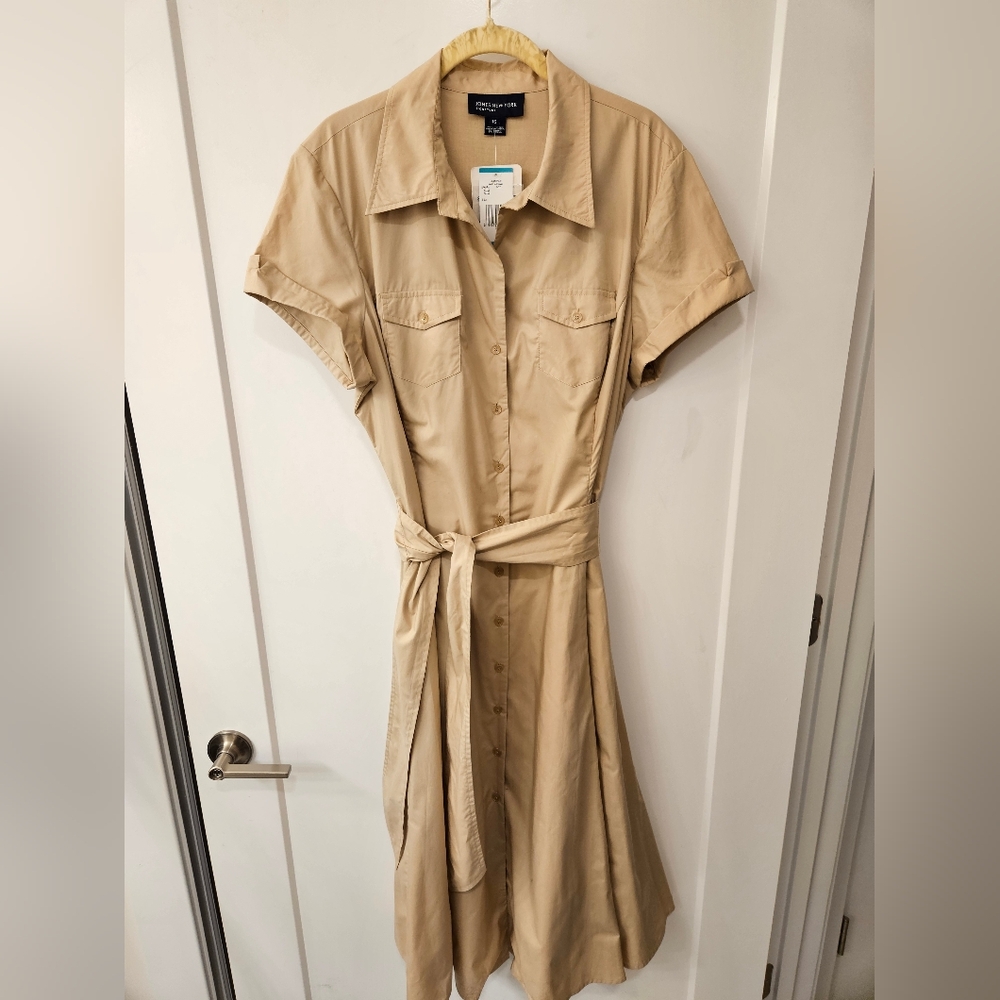 NWT - Jones New York Cotton Tan Midi Shirt Dress - Size 16
